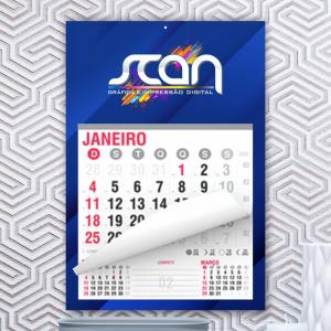 Calendário de Parede Couchê 250gr 27x20 Impressão colorida somente frente Verniz total Furo de 5mm Bloco 12 meses Papel: offset 75g Impressão: 2 cores